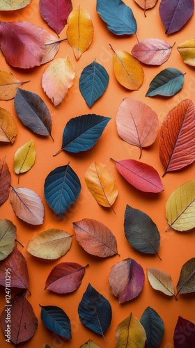 Colorful autumn leaves arranged artistically on a vibrant orange background f...