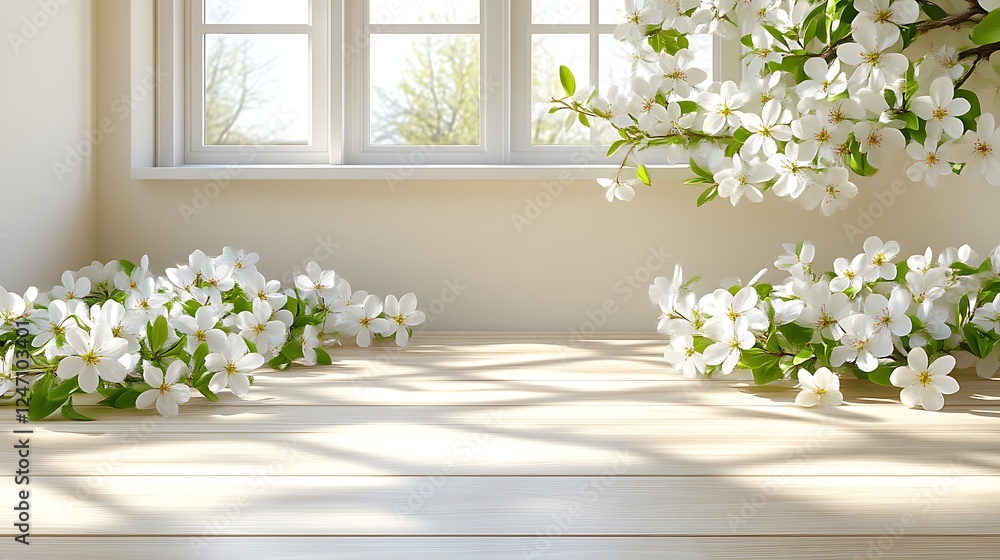 Fototapeta premium Spring blossoms adorn a light wooden surface near a window