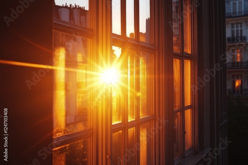 Sunset reflections on modern building glass faade in urban environment