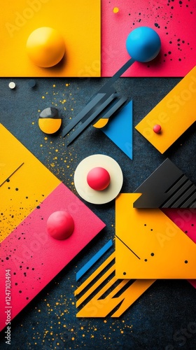 Colorful abstract geometric composition featuring various shapes and textures...