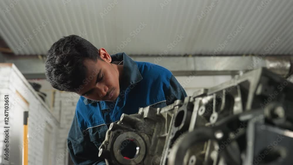 Mechanic in blue uniform inspecting engine components in mechanical shop with partial view of another person observing him, focused on repair work and machinery