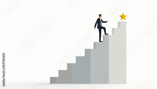 Business man in suit moves up on career ladder. Leader achieves success, goal concept. Person climbs to the top, gets win, results in challenge. Flat isolated vector illustration on white background