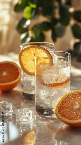 Refreshing citrus drinks with orange slices served on a sunny outdoor table
