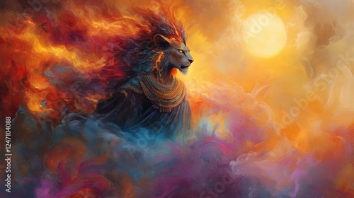 A vibrant painting of Sekhmet, the lion-headed goddess, standing fiercely in a battlefield, flames surrounding her and a setting sun in the background