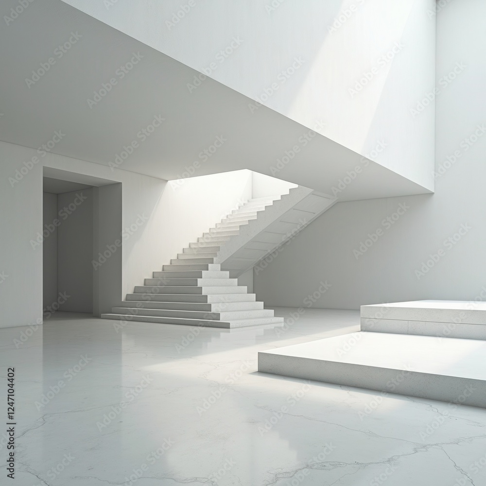 Obraz premium Empty White Room with Staircase and Marble Floor
