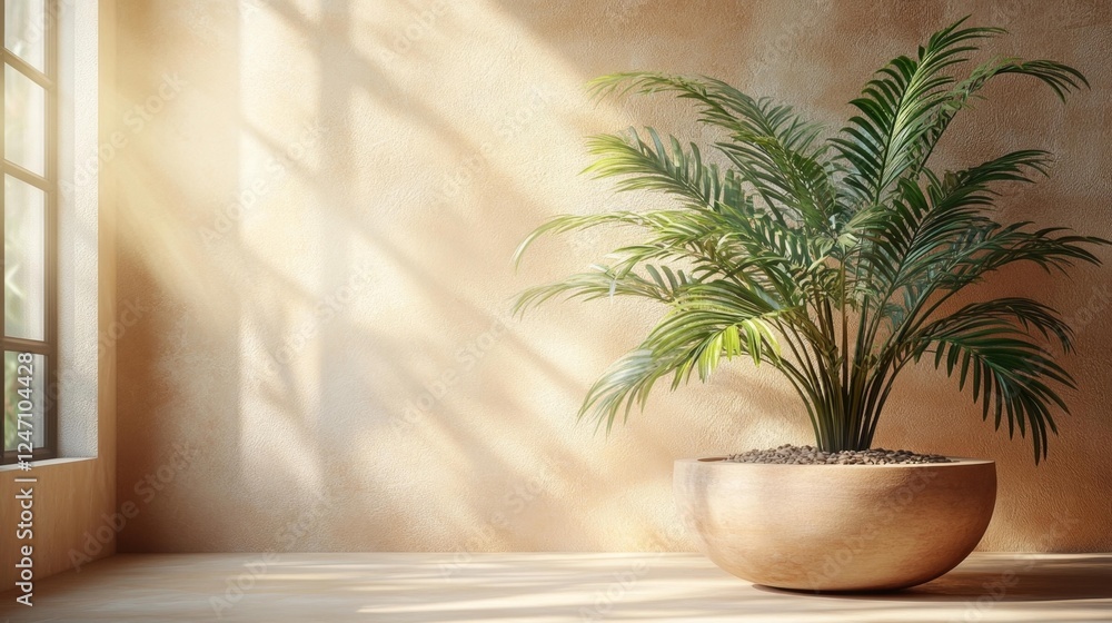 Bright Sunlight Casting Shadows on a Tropical Palm in a Modern Room. Generative AI Bright Sunlight Casting Shadows on a Tropical Palm in a Modern Room. Generative AI