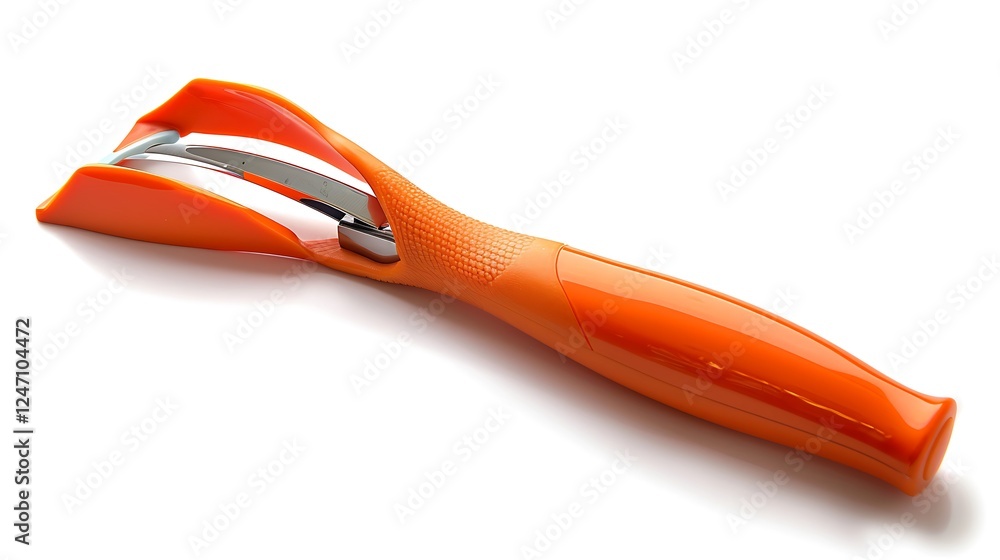 A bright orange vegetable peeler with an ergonomic grip on a white background A bright orange vegetable peeler with an ergonomic grip on a white background