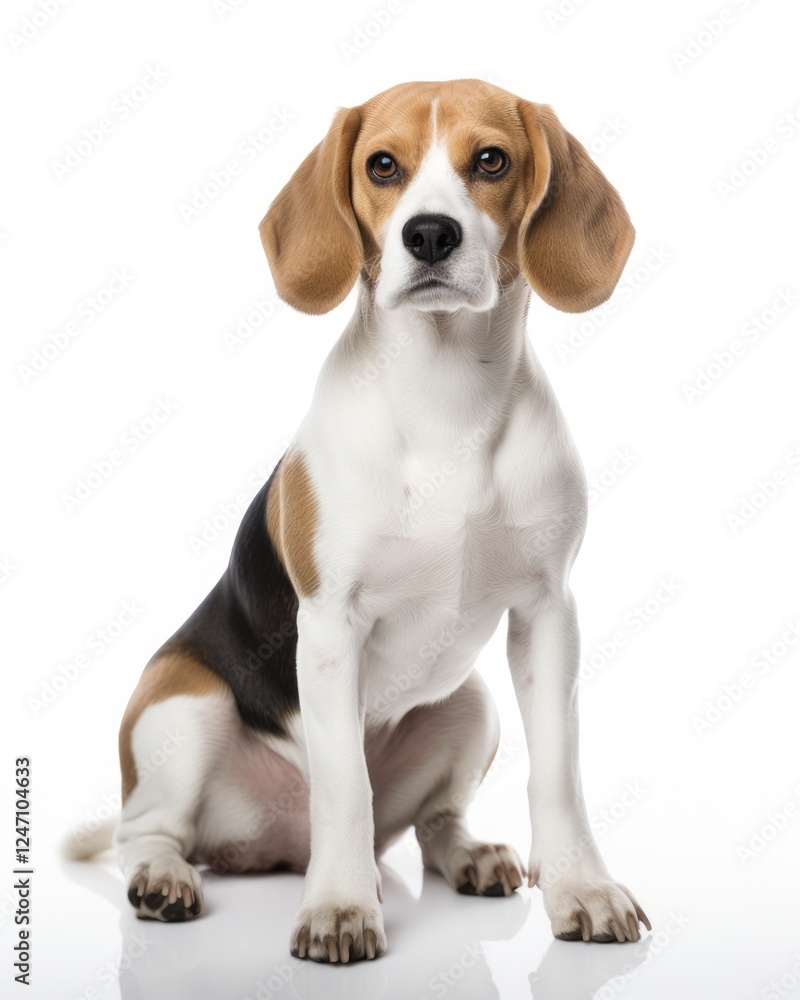 White Beagle. Brown Pedigree Dog Sitting on White Background. Small Funny Friend Number 1 White Beagle. Brown Pedigree Dog Sitting on White Background. Small Funny Friend Number 1