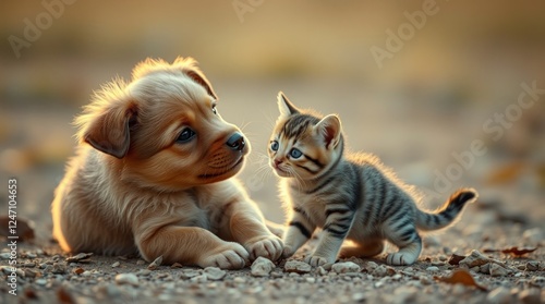 Adorable Puppy and Kitten Friends Outdoors at Sunset