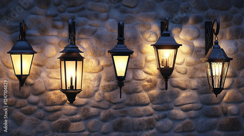 Fototapeta Naklejka Na Ścianę i Meble -  A collection of 3D realistic vector icons displaying outdoor garden wall lamps in diverse styles, including old-fashioned metal streetlights powered by electricity