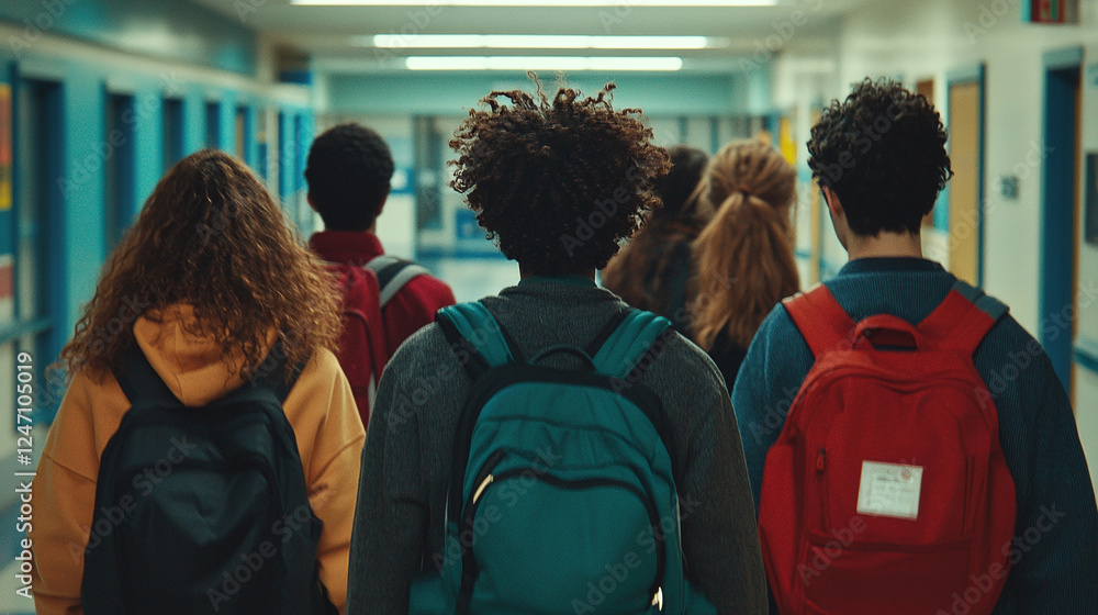 Obraz premium A group of high school students walking in the hallway, seen from behind