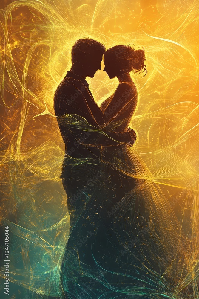 A romantic embrace with vibrant abstract colors surrounding lovers.