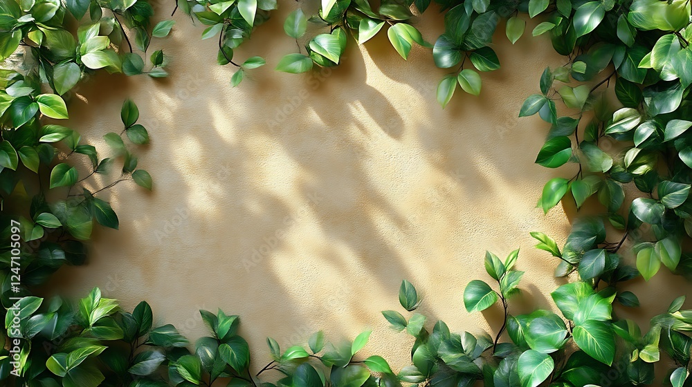 Fototapeta premium Lush Green Leaves Frame Beige Wall Background