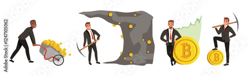 Business Man Extracting Cryptocurrency Golden Bitcoin Vector Set