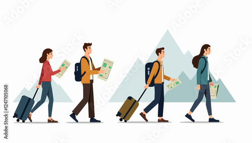 Traveling people, isolated set of passengers or travelers with maps, baggage and smartphones. Vector group of people lost in town, student with backpack, hiking and taking trip to mountains