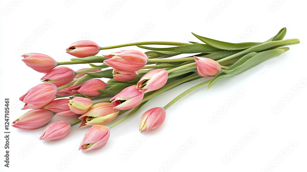 Obraz premium Beautiful pink tulips creating a diagonal composition on a pristine white backdrop, offering ample space for text or design elements