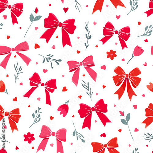 seamless pattern with red bows and flowers. Romantic cheerful background for Valentine s Day, weddings, or other celebrations of love. Endless backdrop for nursery, textile, scrapbook.