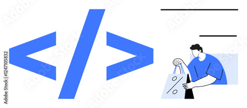 Coding greater-than and less-than symbols alongside a person holding shopping bags with a percentage sign. Ideal for e-commerce, web development, retail discounts, online shopping, marketing