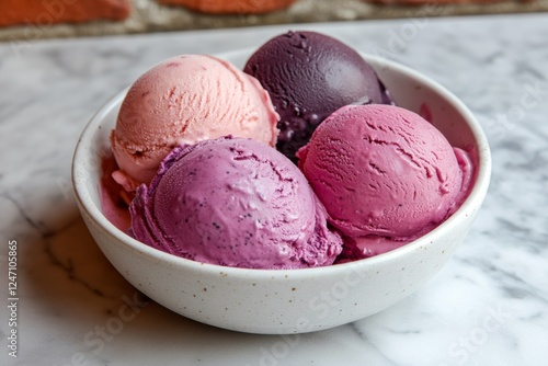 Delightful ice cream scoops in a bowl surrounded by cherry blossoms on a marb...