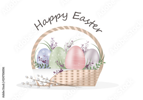 Decorated Easter eggs in the basket, Happy Easter concept, basket decorated with spring flower, flat vector illustration