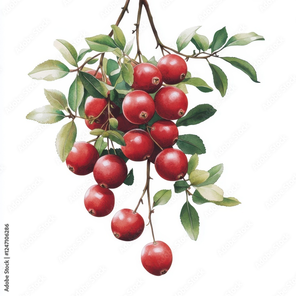 Fresh Cranberries with Green Leaves Vector Illustration Fresh Cranberries with Green Leaves Vector Illustration