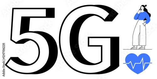 Large 5G text dominates next to a person in blue, indicating communication. Heart with a heartbeat line represents healthcare. Ideal for technology, communication, health, innovation, connectivity