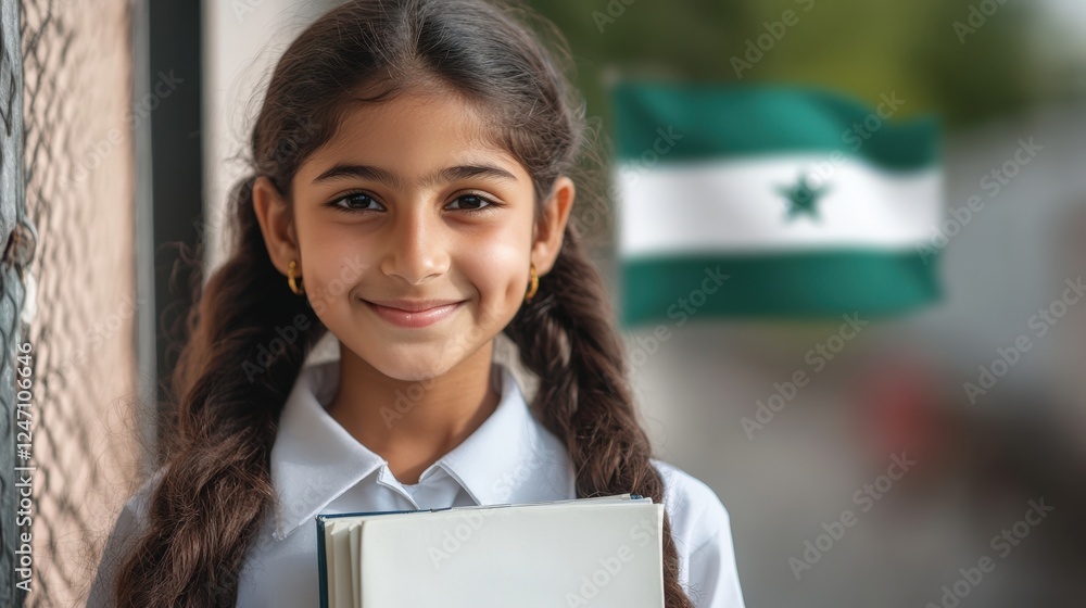 A young Pakistani girl in a white school uniform, holding her books and smiling confidently while standing in front of a school gate with the national flag of Pakistan fluttering above A young Pakistani girl in a white school uniform, holding her books and smiling confidently while standing in front of a school gate with the national flag of Pakistan fluttering above