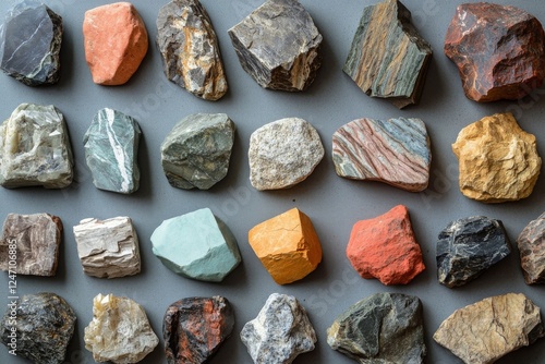 Colorful collection of various rock types displayed on a neutral background f...