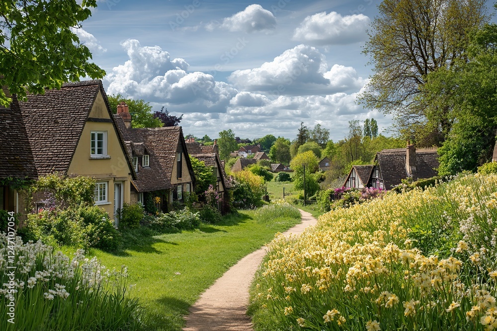 Old houses with road and spring nature in countryside Old houses with road and spring nature in countryside