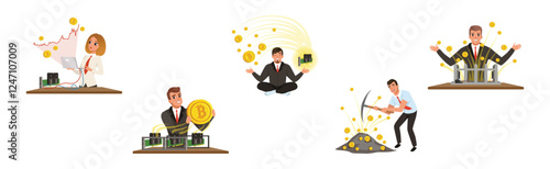 Business Man Extracting Cryptocurrency Golden Bitcoin Vector Set