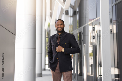 happy stylish african man in coat photo