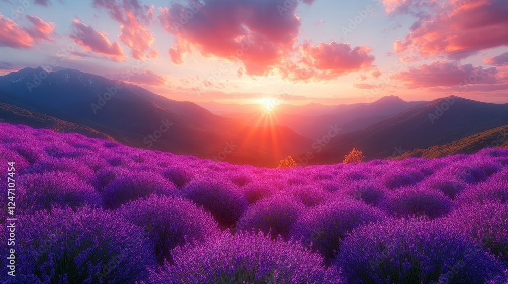 Sunset over lavender field, mountain range backdrop, peaceful nature scene, ideal for travel brochures Sunset over lavender field, mountain range backdrop, peaceful nature scene, ideal for travel brochures
