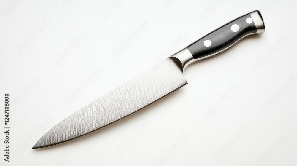 Isolated image of a clean stainless steel kitchen knife on a white background, perfect for kitchenware or cooking product promotions. Isolated image of a clean stainless steel kitchen knife on a white background, perfect for kitchenware or cooking product promotions.