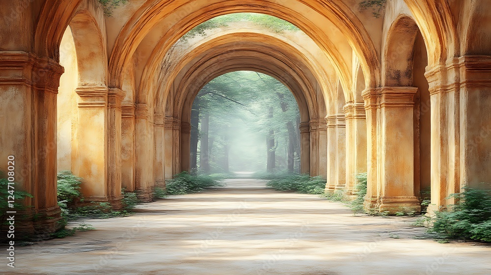 Arched stone walkway leads to a sunlit forest path Arched stone walkway leads to a sunlit forest path