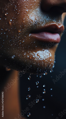 Close-up of glistening skin with water droplets highlighting muscular form in...