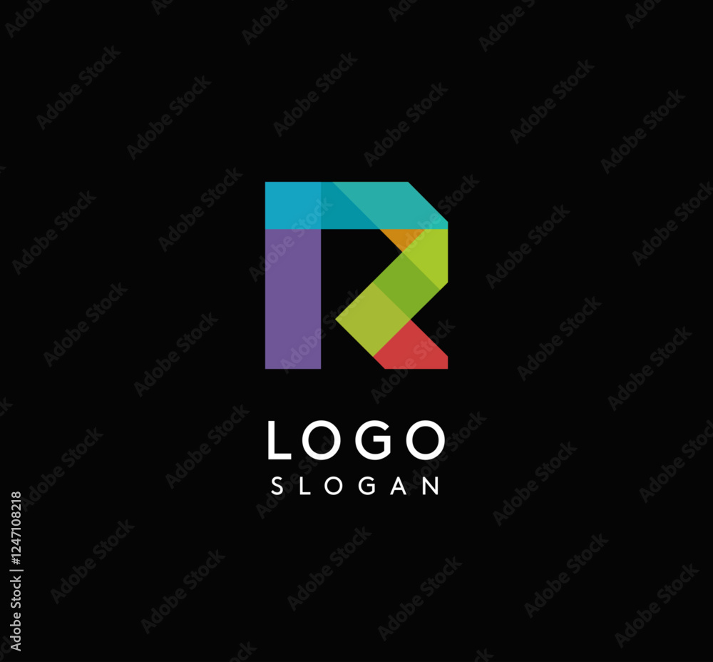 Colorful geometric letter R with overlapping shapes, modern vibrant logo design for tech company, creative agency, architecture design studio, startup looking bold brand identity. Vector illustration Colorful geometric letter R with overlapping shapes, modern vibrant logo design for tech company, creative agency, architecture design studio, startup looking bold brand identity. Vector illustration