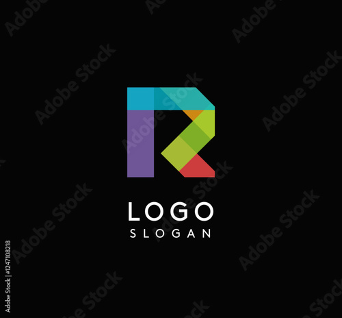 Colorful geometric letter R with overlapping shapes, modern vibrant logo design for tech company, creative agency, architecture design studio, startup looking bold brand identity. Vector illustration