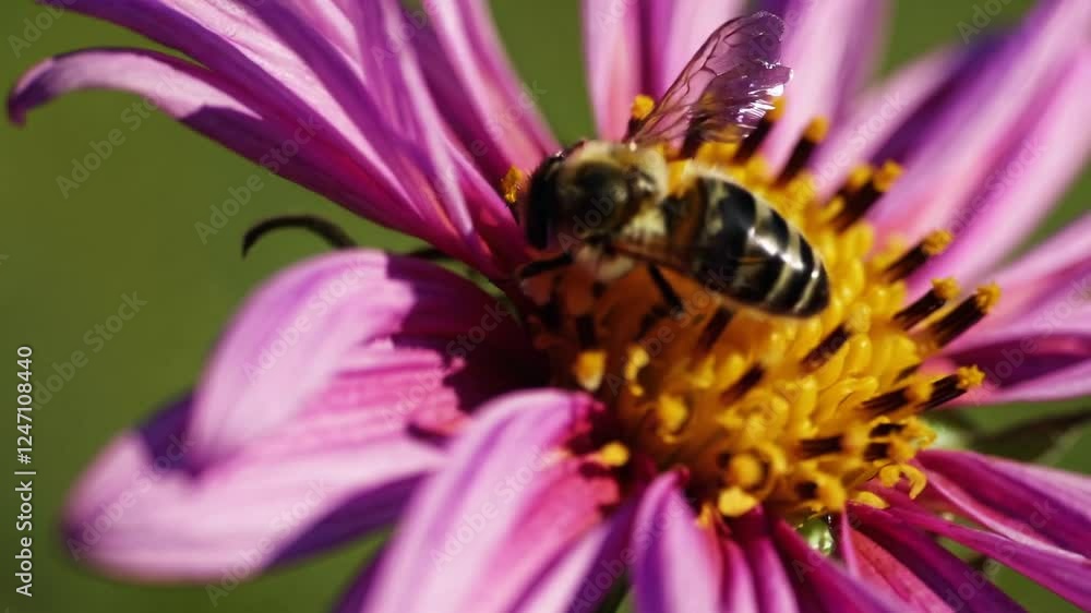 Close-up View of Bee Pollinating Bright Pink Flower in Nature Close-up View of Bee Pollinating Bright Pink Flower in Nature