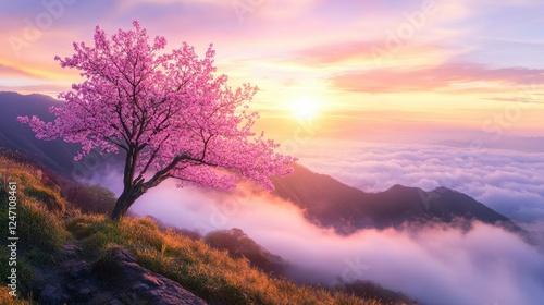 Cherry Blossom Trees in Full Bloom Against a Majestic Mountain Landscape at Sunset with Colorful Skies and Blooming Flowers in Foreground
