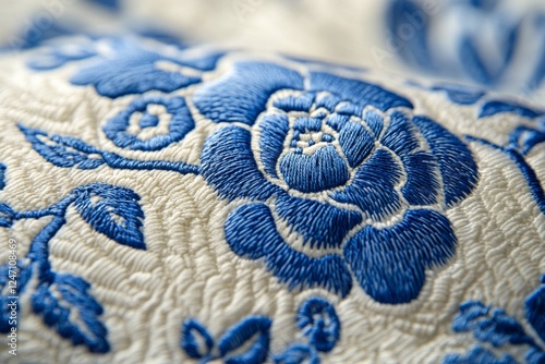 Elegant blue floral design on fabric showcasing intricate patterns and textures