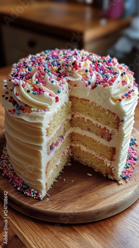 Colorful layer cake with sprinkles and frosting displayed in a bakery setting