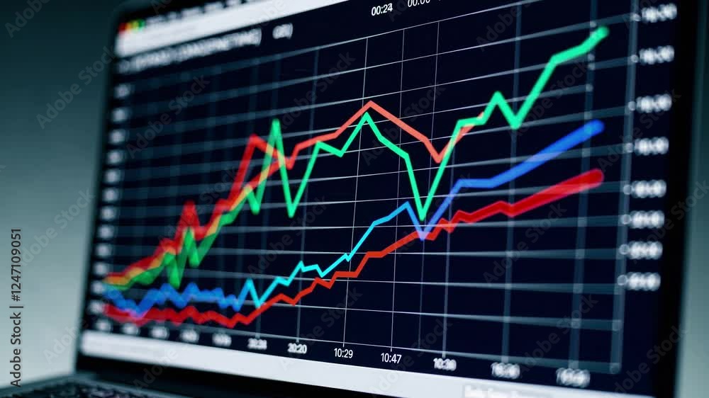 Financial Data Analysis Chart with Colorful Line Graphs on Monitor Financial Data Analysis Chart with Colorful Line Graphs on Monitor