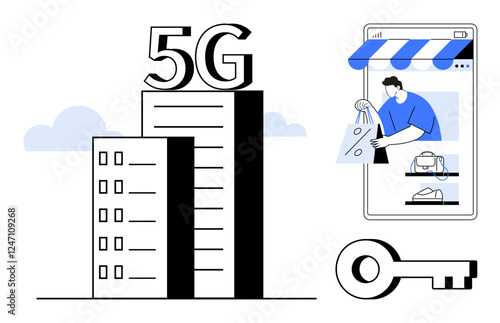 Buildings with 5G sign, person shopping from mobile store, key representing security. Ideal for online shopping, fast connectivity, secure transactions, mobile commerce, digital markets, 5G