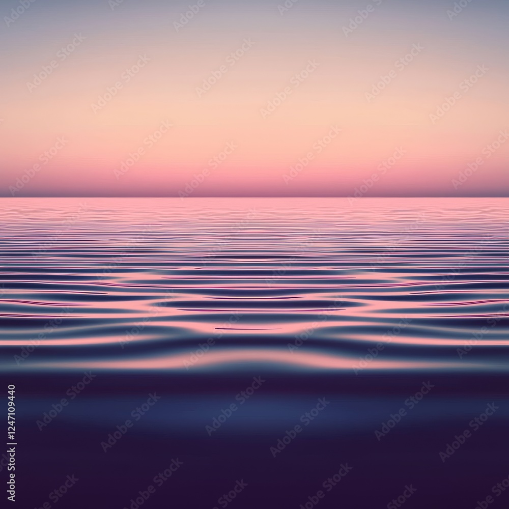Fototapeta premium The tranquil surface of water reflects a stunning sunset with gentle waves and a serene atmosphere at dusk.