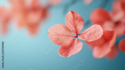 Delicate pink flower blossoms against a serene blue background in springtime ...