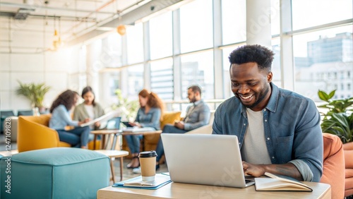 Smiling young man working on a laptop in a modern coworking space filled with relaxed professionals