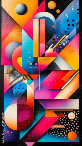 Colorful abstract geometric composition featuring various shapes and textures...
