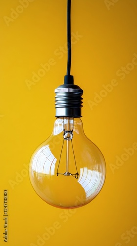 Bright vintage light bulb hanging against a vivid yellow background for inter...