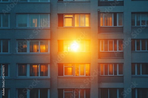 Sunset reflections on modern building glass faade in urban environment