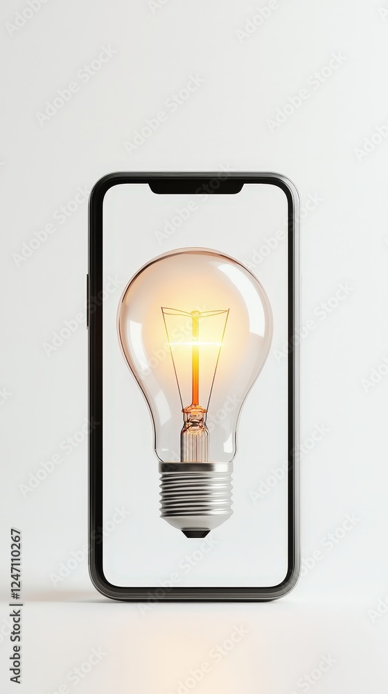 Illuminated light bulb inside a sleek smartphone on white backdrop, symbolizing innovation. Ideal for technology, education, and creative business themes. Illuminated light bulb inside a sleek smartphone on white backdrop, symbolizing innovation. Ideal for technology, education, and creative business themes.